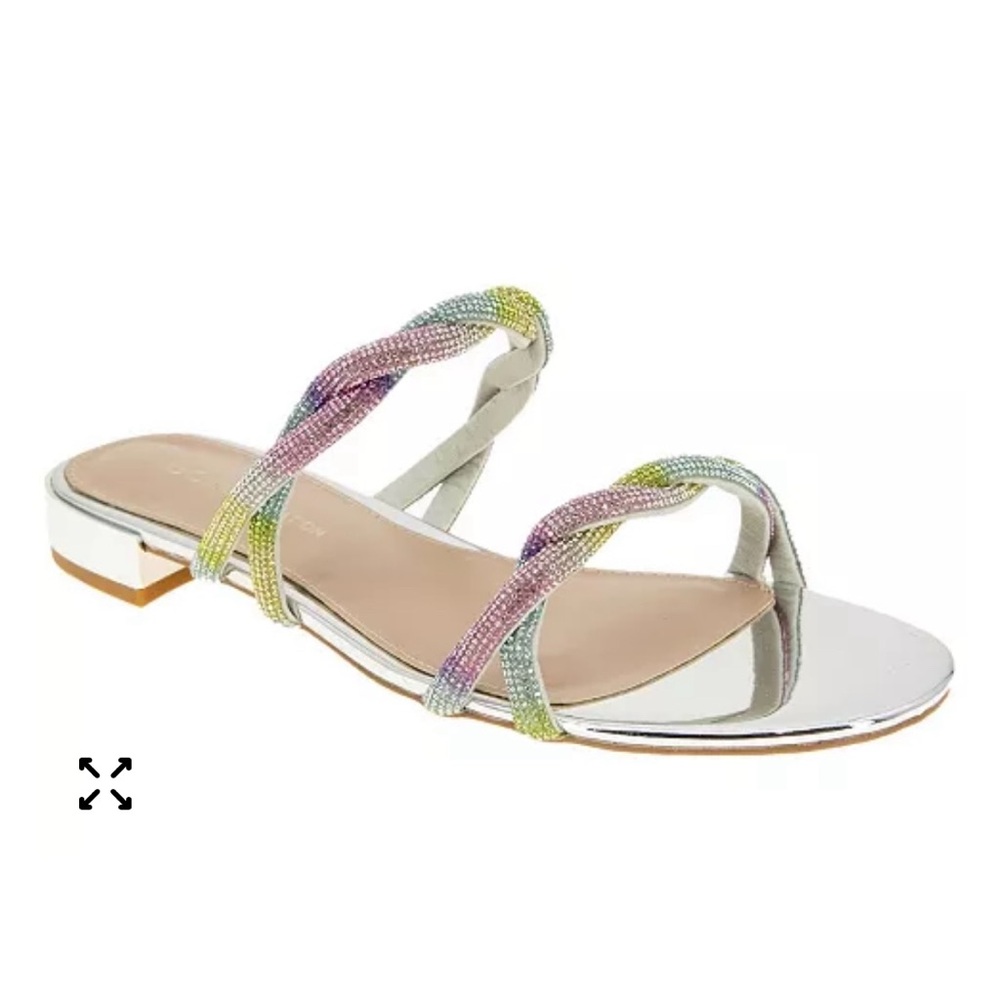 BCBGeneration Silver Slide Sandals, Rhinestone Embellished Braided Straps 7.5